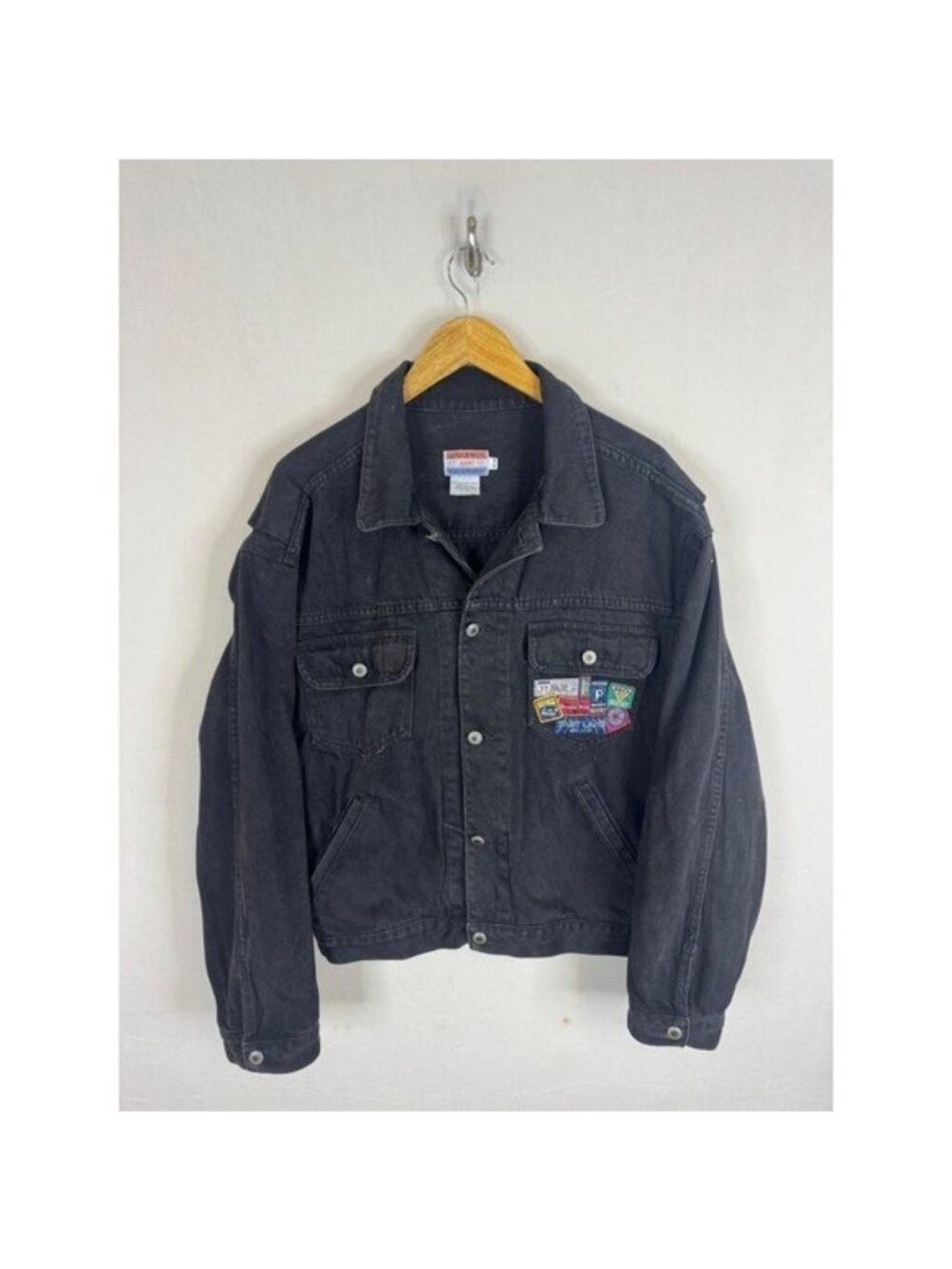 Vintage 90s Bugle Boy XX Jeans Mens M Black Denim Trucker Jacket Patch Work